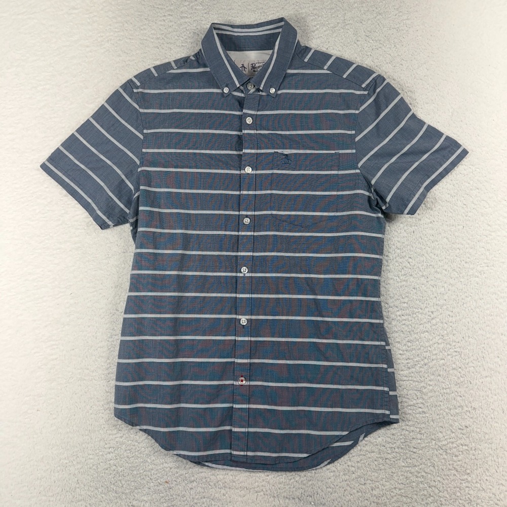 Original Penguin Heritage Slim Fit Shirt Mens Small Blue Stripe Button Up Cotton